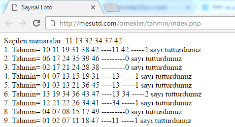 PHP ile sayı tahmini (sayısal loto) uygulaması